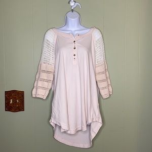 FreePeople Pale Pink Crochet Sleeve Oversize Top L